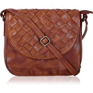 Genuine Leather Tan Weaving Large Crossbody Purse Women Adjustable Zipper Pocket